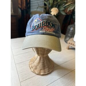 Vtg Bourbon Street New Orleans Blue Denim Khaki Hat 90s Adjustable Strapback Cap